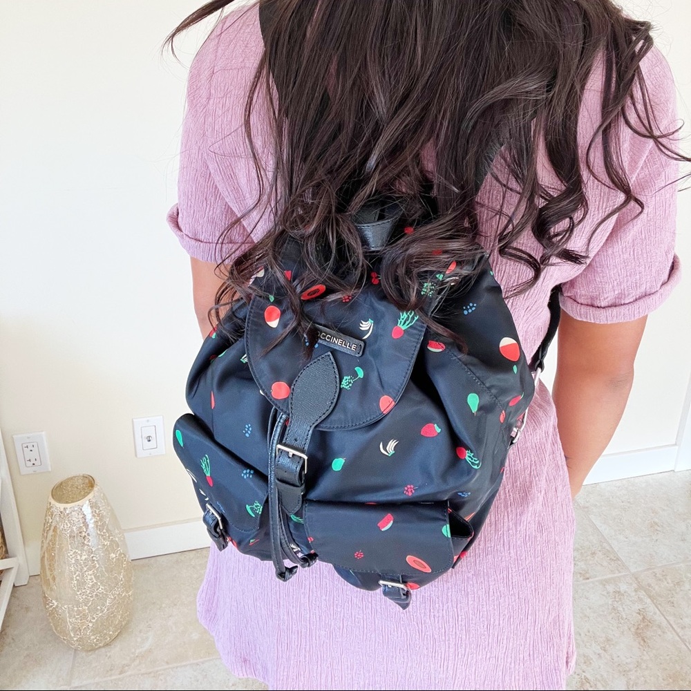 COCCINELLE Leather Fruit Print Nylon Backpack In Black